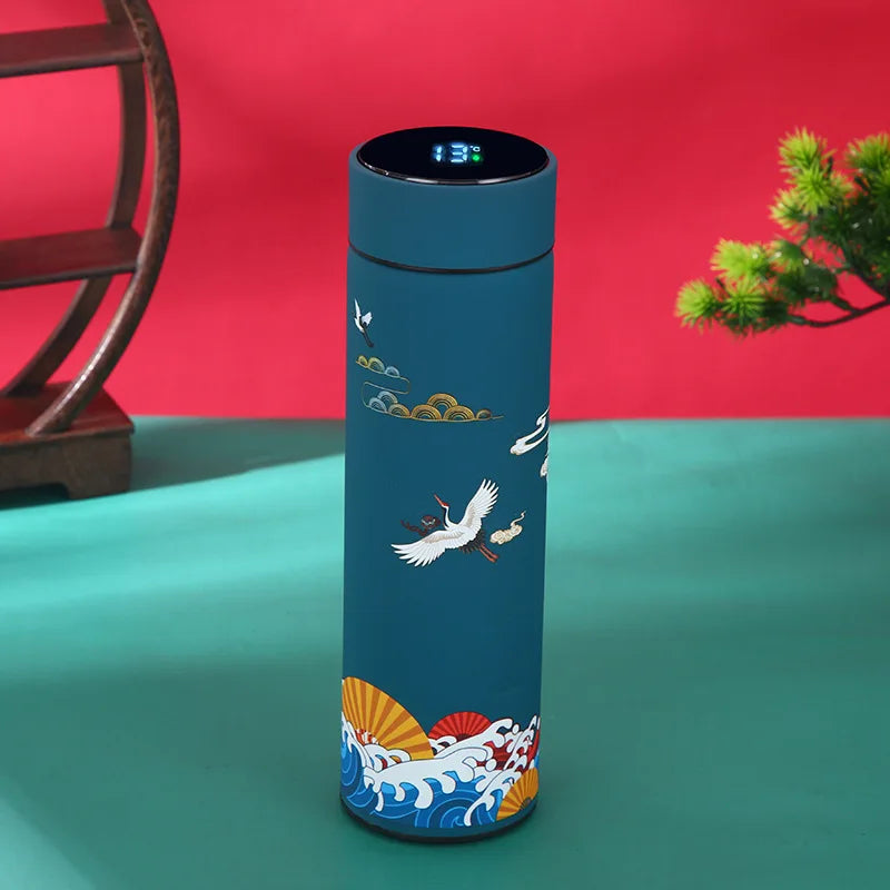 Chinese Style Insulated Water Bottle with Temperature Display - Retro Stainless Steel Flask for Hot & Cold Drinks