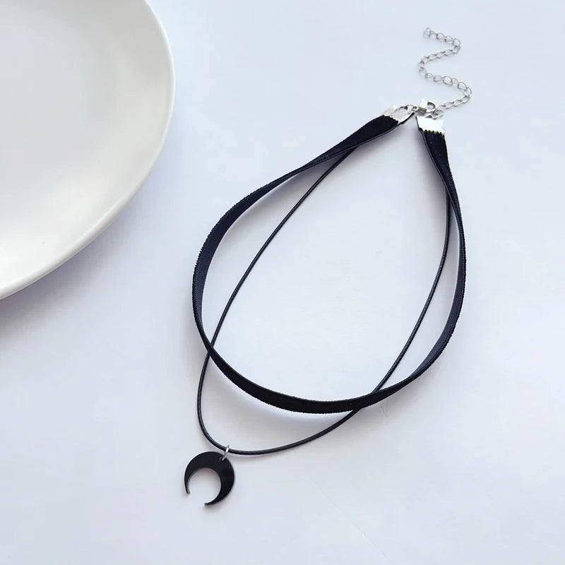 Black Acrylic Moon Crescent Pendant Choker Necklace for Women