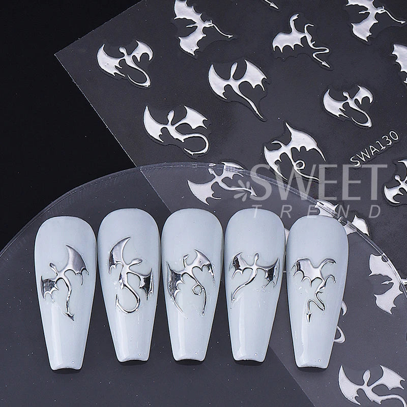 3pcs Metallic Flying Dragon Nail Stickers Halloween Nail Art Decals Gold Silver