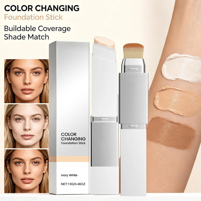 2-in-1 Color Changing Foundation Stick with Detachable Brush - Natural Matte Coverage