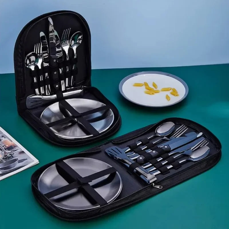 2-Person Camping Utensil Set with Plates, Spoons, Knives & Forks for Outdoor Picnic Dinnerware