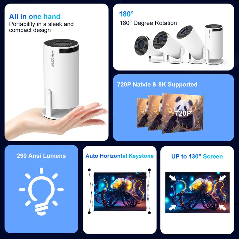 Mini Portable 8K Full HD Projector with Android 14, Bluetooth 5.4, 290 ANSI, 40-200 Inch Screen
