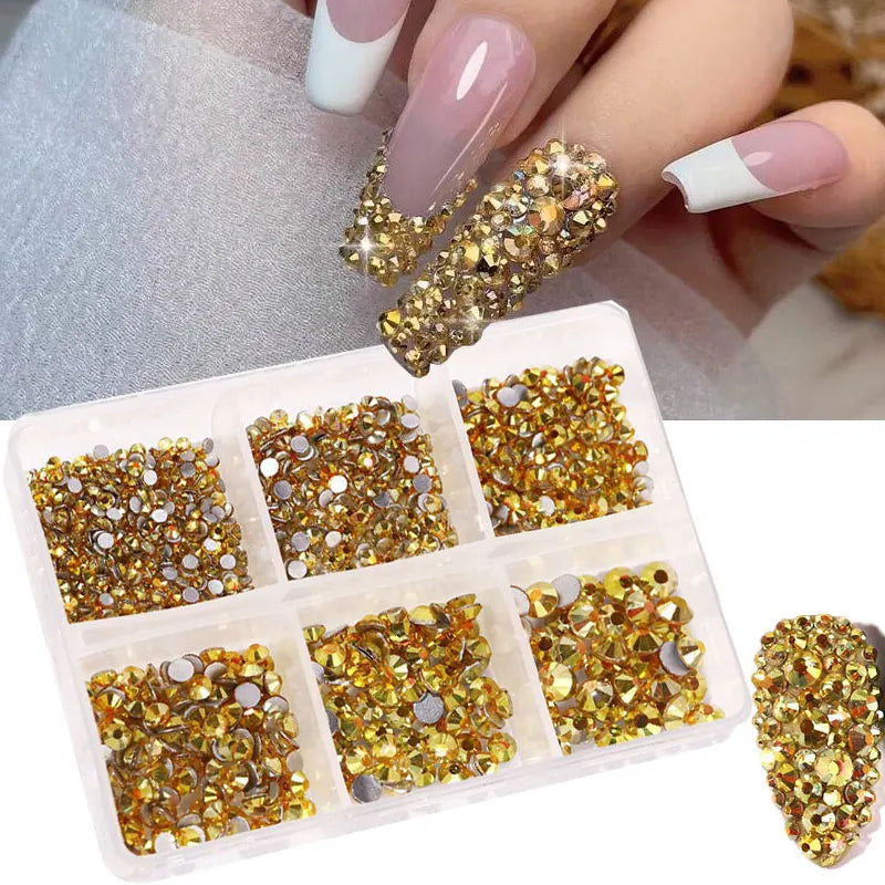 Glass Nail Gems Mix 6 Grids Non-Hotfix Rhinestones for Nail Art & Crafts