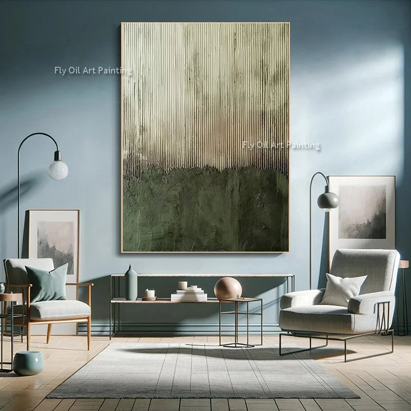 Large Abstract Wall Art Canvas - Thick Texture Grass Green Beige Handmade Oil Painting for Home Decor