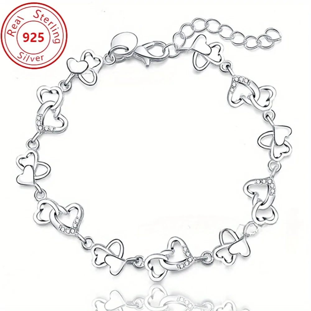 925 Sterling Silver Heart Flower Chain Bracelet for Women Jewelry