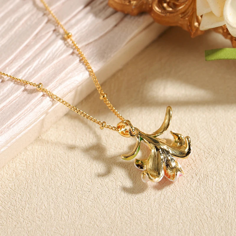Pink Lily Flower Pendant Necklace for Women - Gold Plated Floral Charm Jewelry