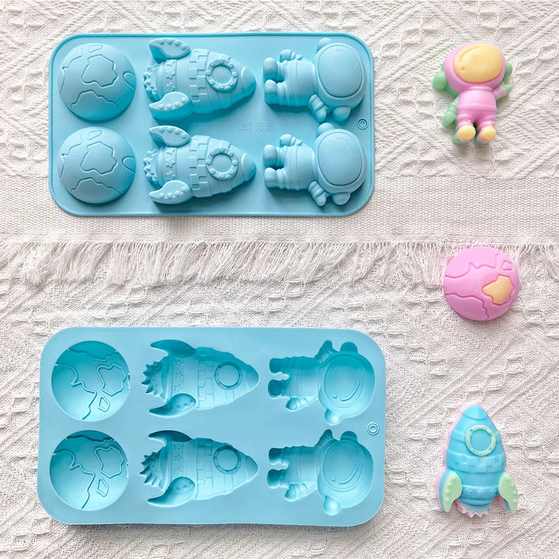 Creative Space Theme Silicone Cake Mold 6-Chamber 3D Astronaut Rocket Earth for Baking