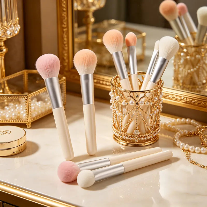 6-Piece Makeup Sponge & Concealer Brush Set with Wooden Handles - Dual Use for Face & Under Eye