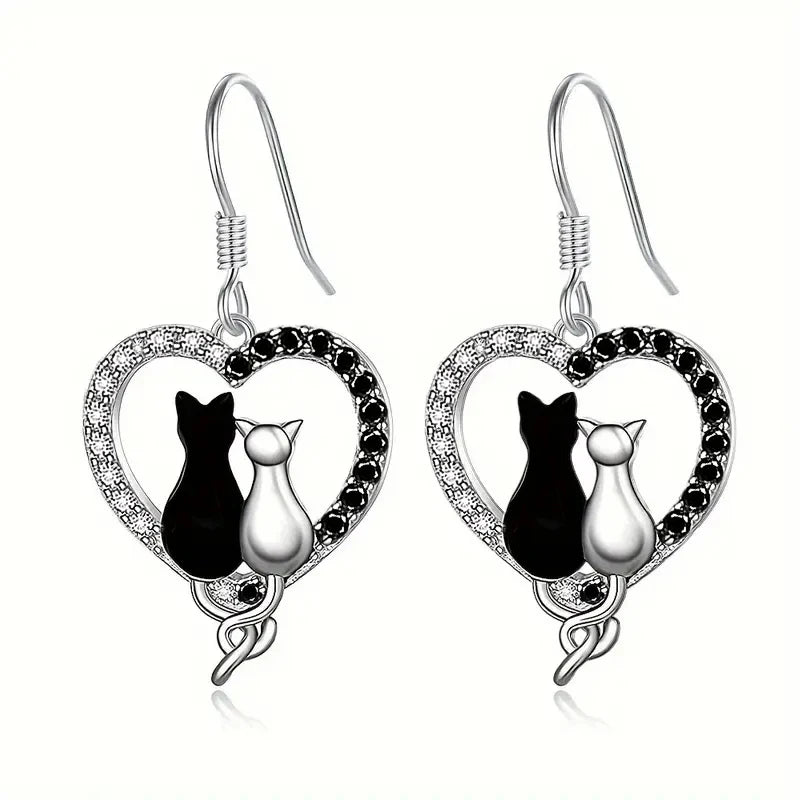 Couple Cats Love Earrings for Women - Cute Heart-Shaped Hanging Jewelry