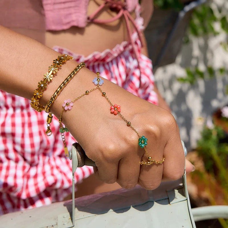 Colorful Crystal Beaded Flower Hand Chain Bracelet for Women Stainless Steel Jewelry