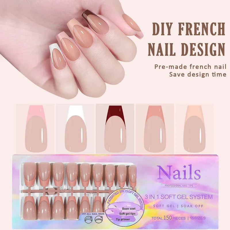 150pcs Multi-Color Fake Nails Set - Almond French Press On Acrylic Nails, Removable & Convenient