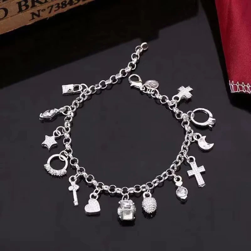 925 Sterling Silver Bracelet for Women Thirteen Pendant Multi-Element Jewelry