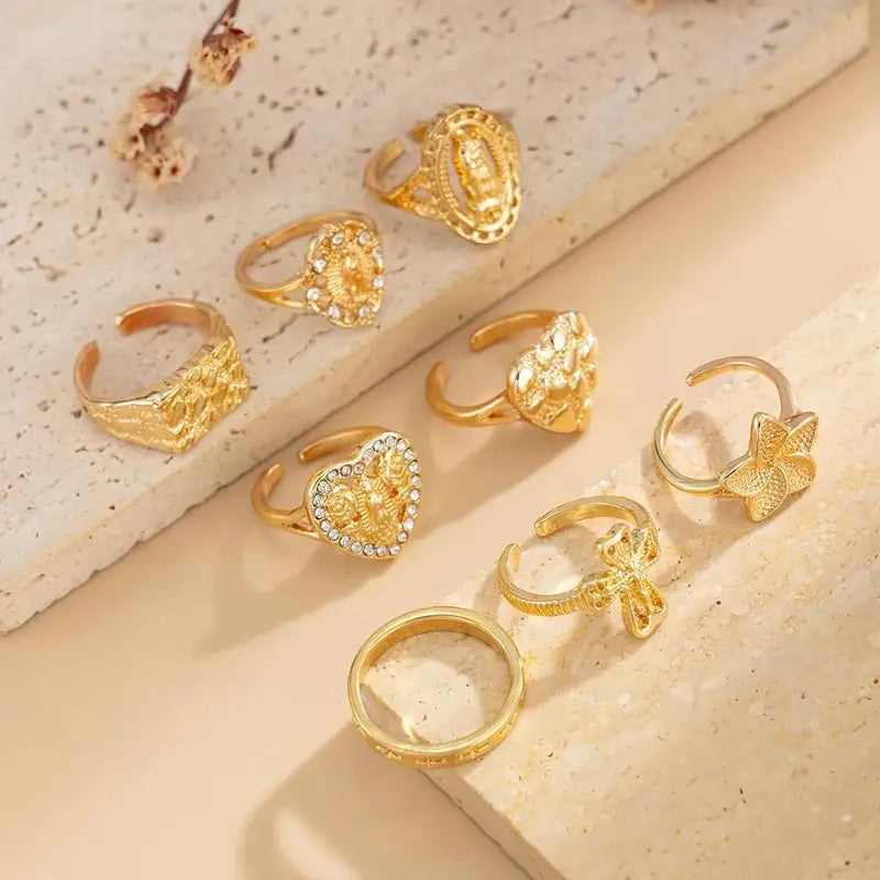 8-Piece Gold Cross Virgin Mary Open Ring Set Women’s Jewelry with Heart Inlaid Diamond Charm