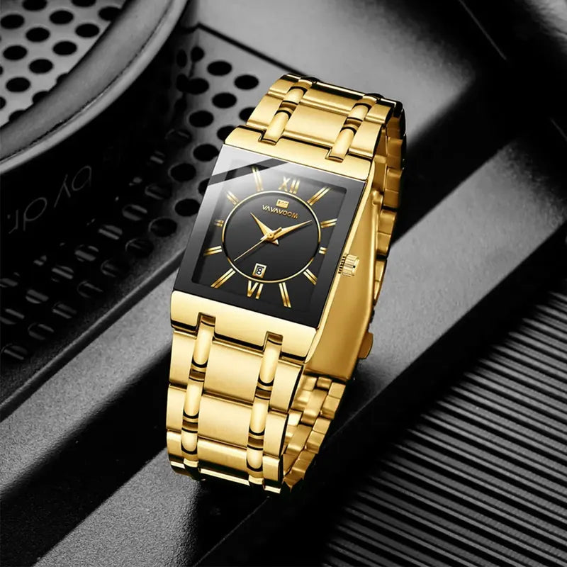 Men's Business Dress Watch Luxury Rectangular Black Gold Stainless Steel Waterproof Quartz