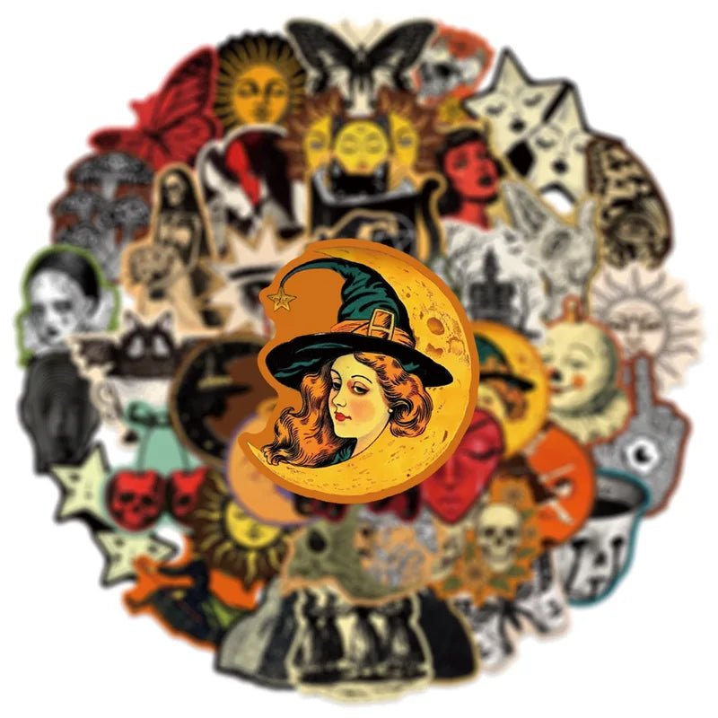 Retro Gothic Witch Moon Sticker Set - Spooky DIY Decals for Skateboard Motorcycle Suitcase Phone Laptop