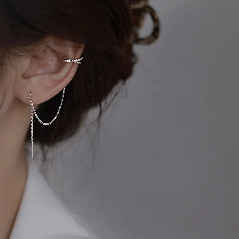 Silver Color Crystal Tassel Non-Piercing Cuff Ear Clip Earrings for Women