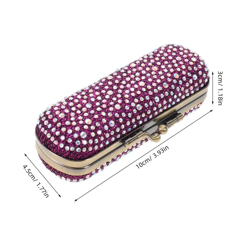 Rhinestone Lipstick Storage Case with Mirror Compact - Travel Makeup Organizer
