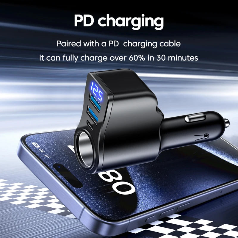 66W Car Cigarette Lighter Power Adapter with Dual USB & Type-C PD Charger