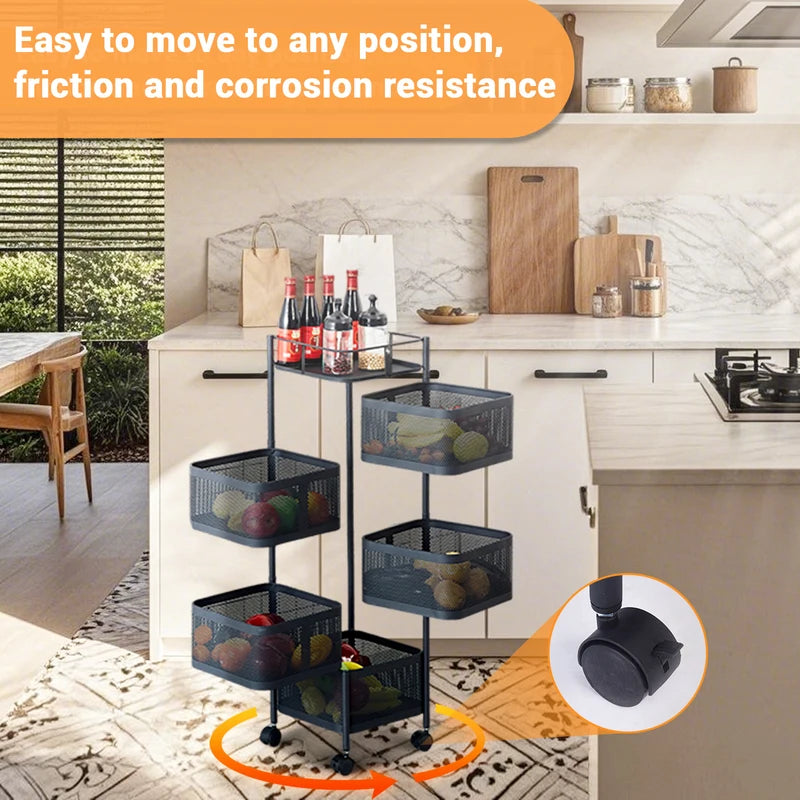 Rotating Kitchen Storage Rack - 5-Tier Multi-Layer Removable Basket Organizer on Rolling Wheels