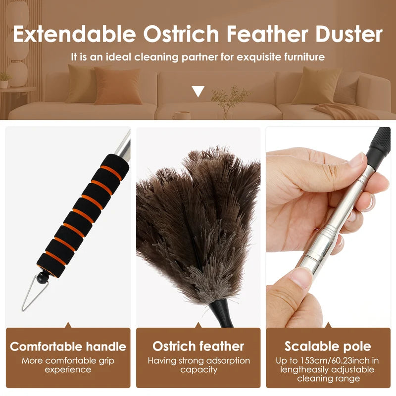 Extendable Ostrich Feather Duster for Ceiling Fans & Furniture Cleaning - Reusable Anti-Static Dusting Tool