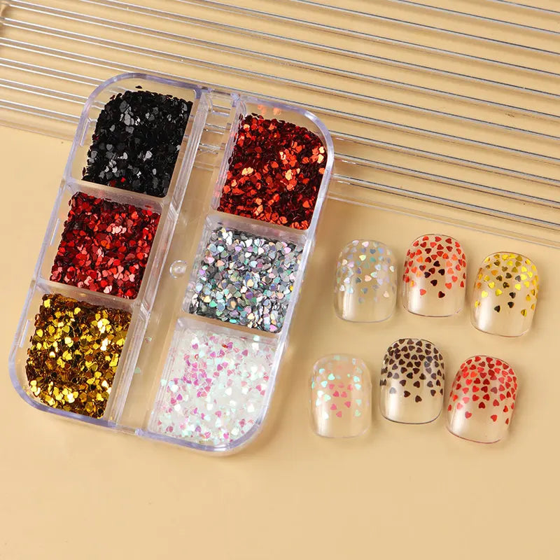 Y2K Heart Glitter Nail Sequins Set - Iridescent Metallic Love for DIY Nails
