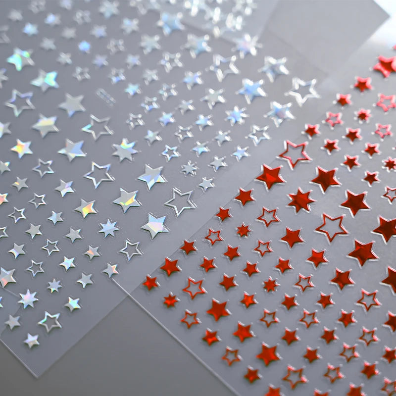 3D Nail Art Sticker Set - Silver Red Star Pentagram Decals for Manicure