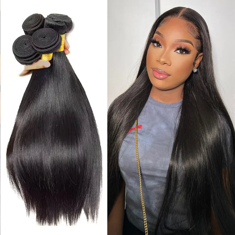 Bone Straight Brazilian Human Hair Weave Bundles 14-32 Inch Natural Black Remy Extensions