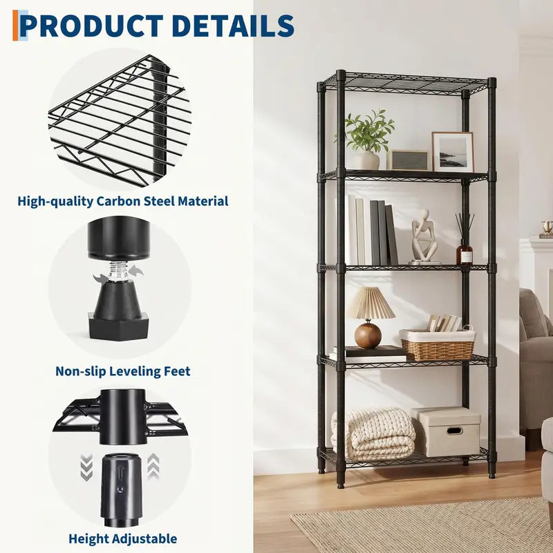 Heavy-Duty 4-Tier Steel Garage Storage Shelves - Adjustable Wire Racks, Black, 72" H