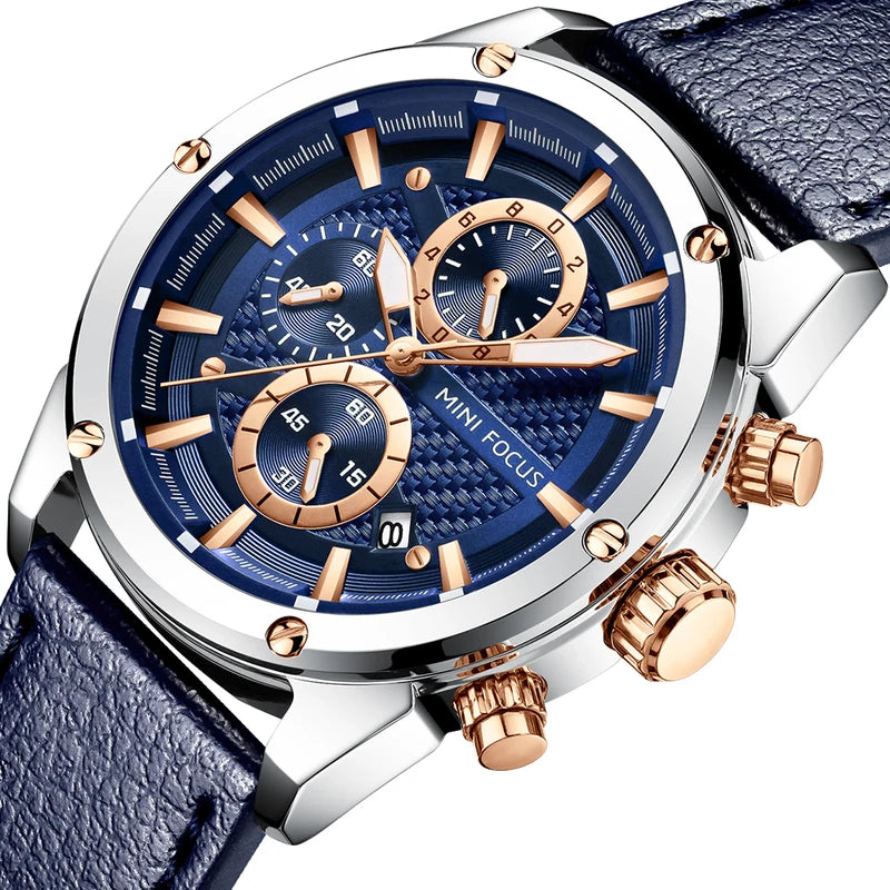 Mini Focus Business Quartz Watch for Men Waterproof Luminous Chronograph Leather Strap