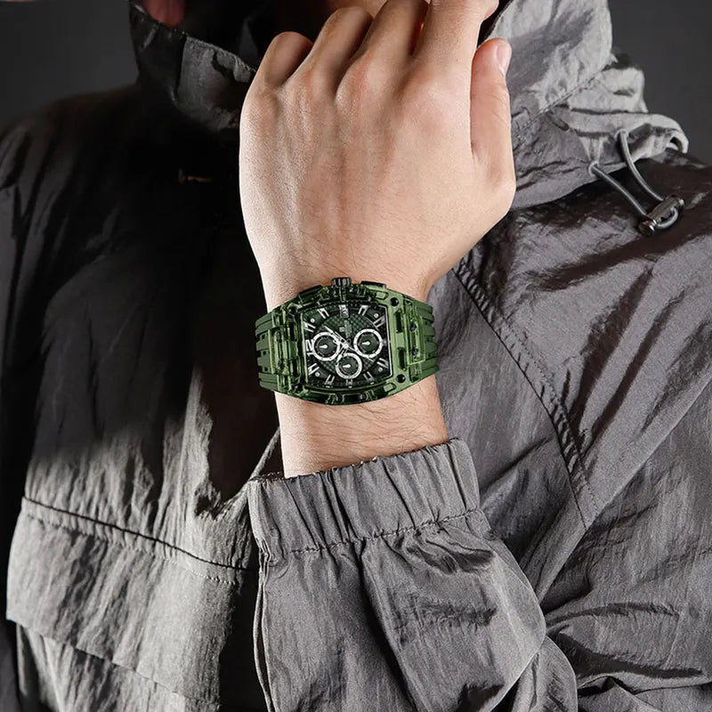 Men's Quartz Sports Watch with Silicone Strap Military Marine Chronograph - Black