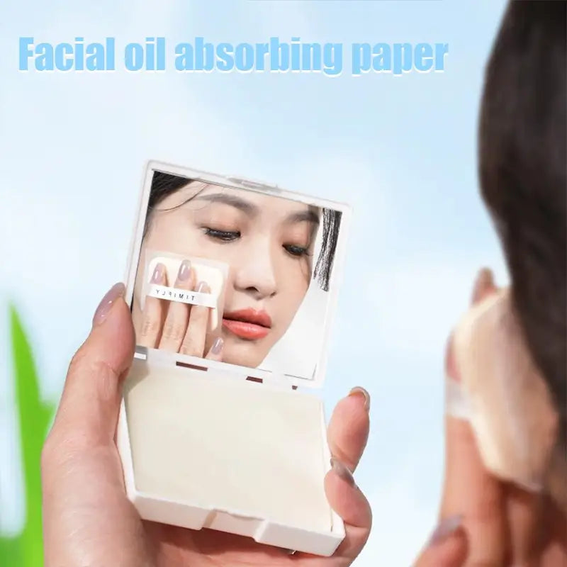 Facial Oil Blotting Paper with Mirror & Powder - Natural Bamboo Charcoal, Portable