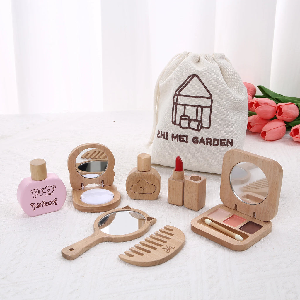 Kids' Pretend Makeup Toy Wooden Dress-Up Vanity Set with Makeup Bag for Girls