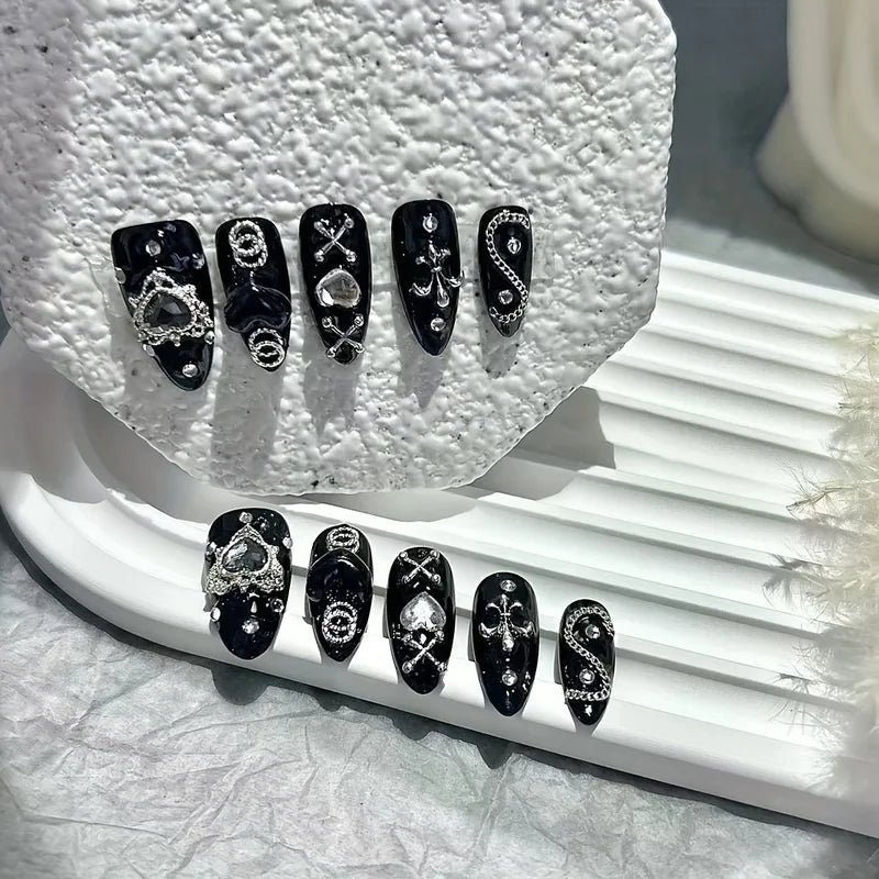 10 Pieces Handmade Dark Mine Series Fake Nail Sets for Dark Spicy Girl Style Nail Art