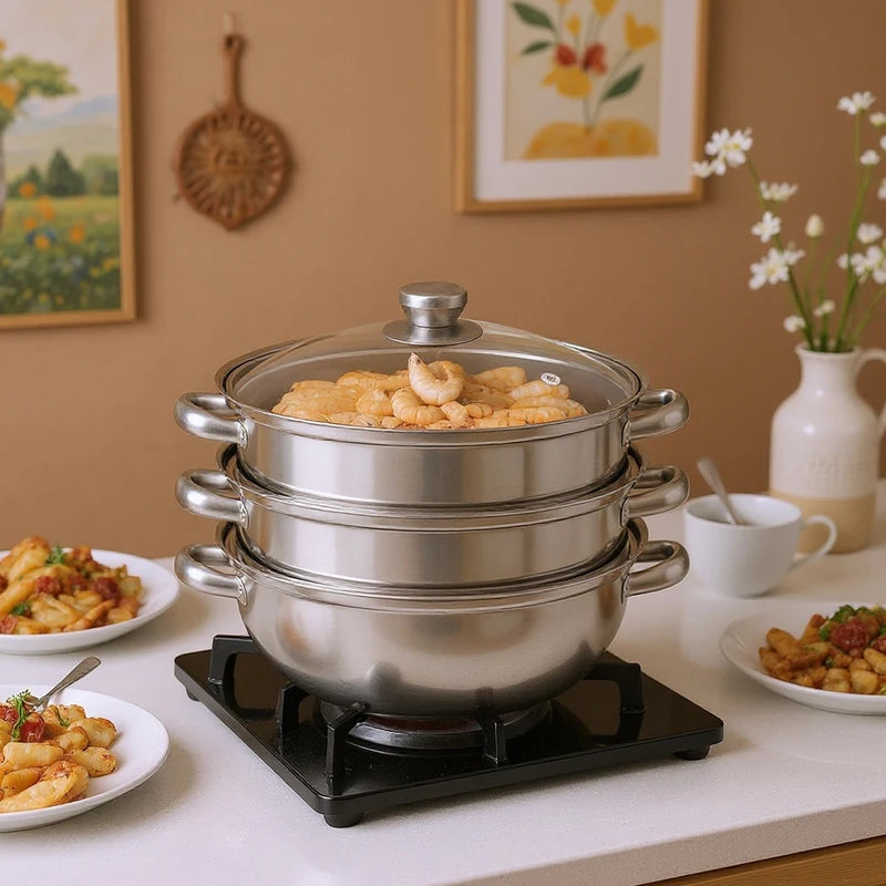 28cm Stainless Steel Multi-Function 3-Tier Steamer Pot for Vegetables Seafood and Soups