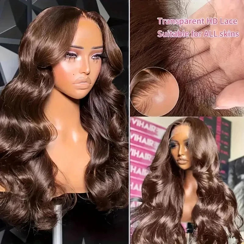 Transparent Chocolate Brown Body Wave Lace Front Wig 13x6 Human Hair 250% Density