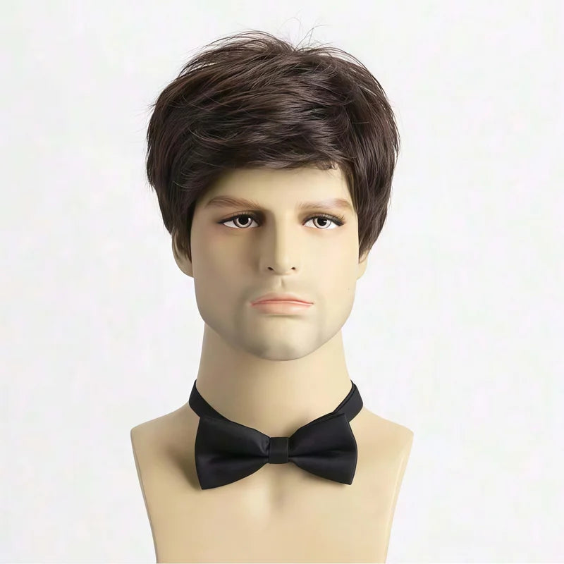 Men's Brown Short Fluffy Synthetic Wig with Side Bangs, Heat-Resistant Coily Fiber for Cosplay