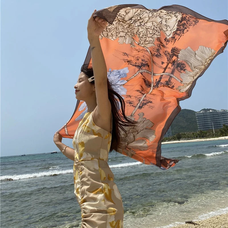 Luxury Floral Silk Beach Cover-Up Sarong Wrap for Women 90x180cm