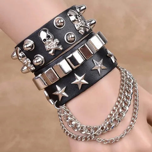2-Pack Emo Goth Punk Leather Bracelets with Skull Rivets & Metal Chain