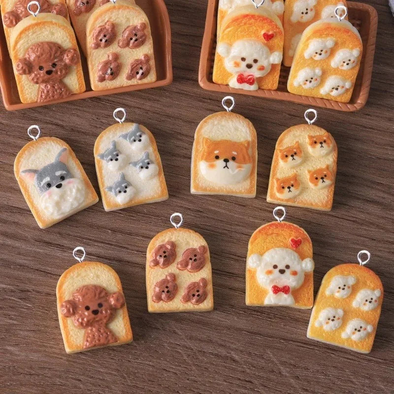 10Pcs Kawaii Puppy Dog Teddy Bread Pendant Jewelry Charms Resin Animal Accessories