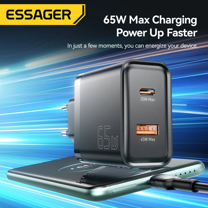 65W GaN Fast Charger USB-C Power Adapter for iPhone, Samsung, Xiaomi, MacBook
