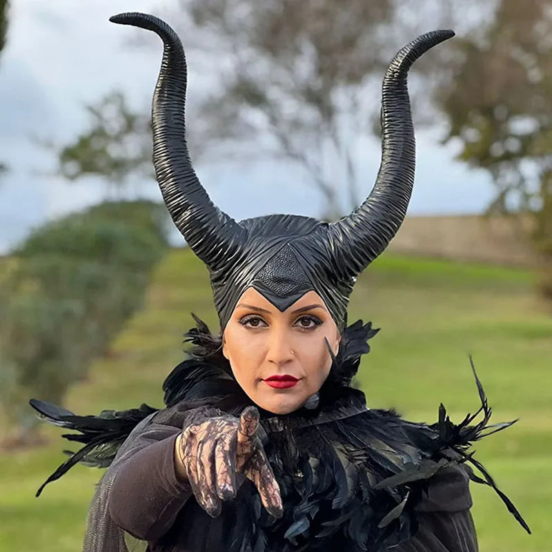 Black Witch Queen Horns Costume Hat Mask for Halloween Cosplay Party Accessories