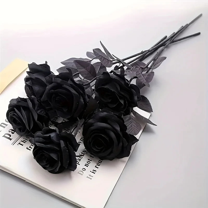 Artificial Black Roses Fake Flowers Long Stem Set for Halloween Wedding Home Decor