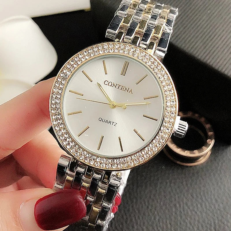 Luxury Women's Fashion Quartz Watch with Rhinestones and Stainless Steel Band