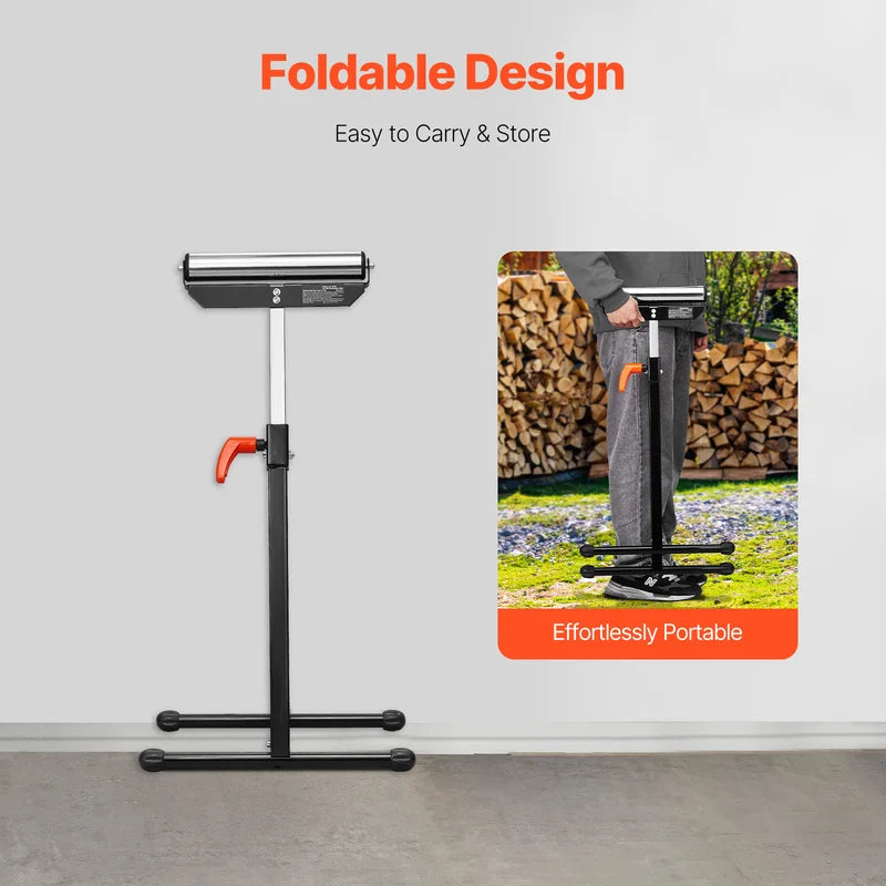 Heavy Duty Folding Roller Stand with Adjustable Height and Steel Roller Head for Woodworking