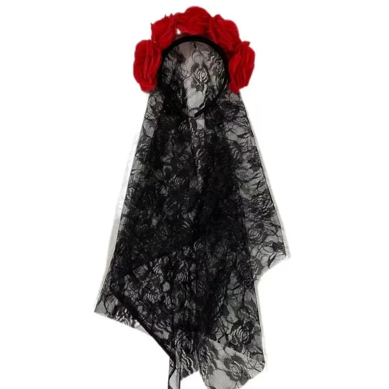 Halloween Rose Flower Crown Headband with Veil for Costumes & Parties
