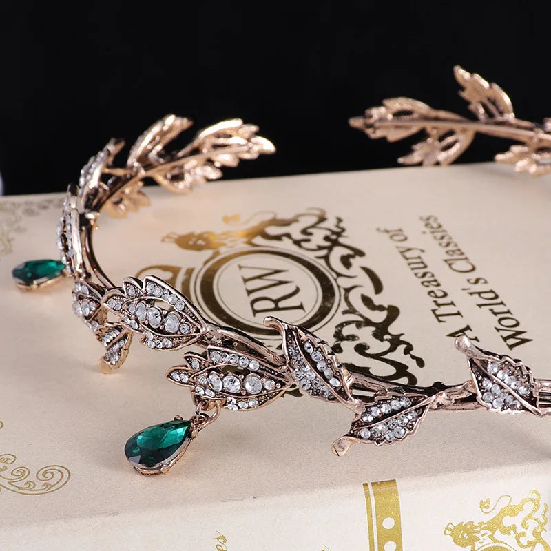 Vintage Fairy Crown Tiara with Emerald Green Crystals for Women Costume Hair Jewelry