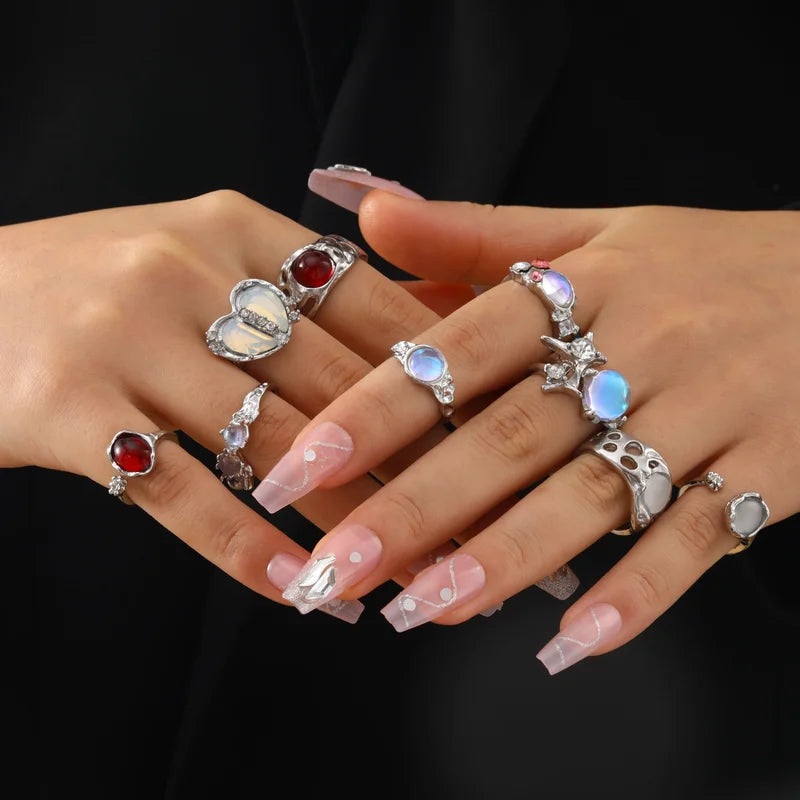 9pcs Y2K Crystal Heart Open Rings Set for Women Girls - Vintage Punk Jewelry
