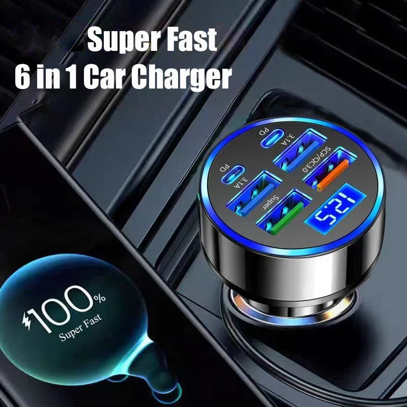 6-in-1 USB C Car Charger Adapter with Voltage Display Fast Charging for iPhone and Samsung