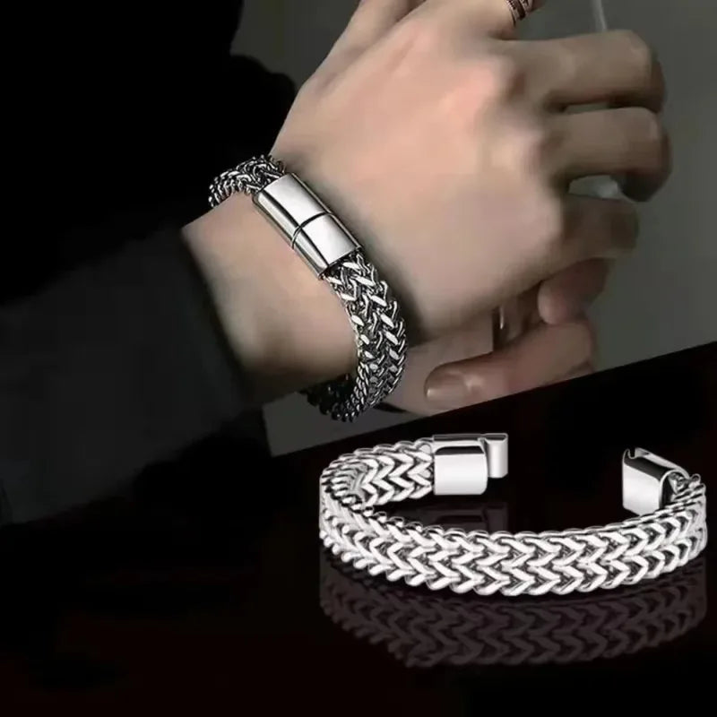 Stainless Steel Braided Double Row Fish Scale Alloy Magnetic Buckle Bracelet with Keel Jewelry