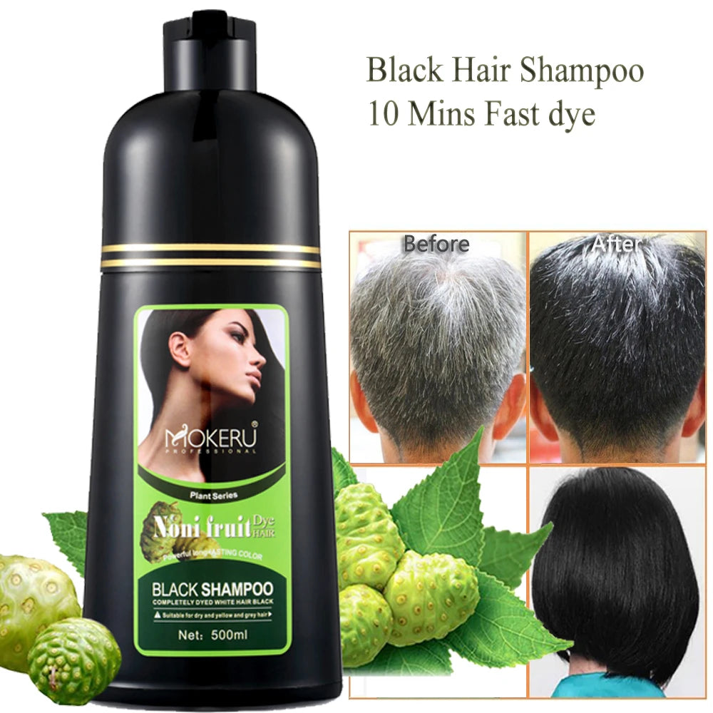 Fast Black Hair Dye Shampoo - Natural Noni Plant Essence, Covers Gray in 5 Minutes
